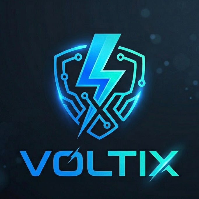 Neon blue 'Voltix' logo on a dark background